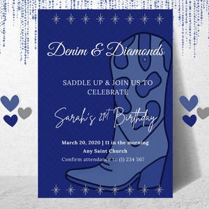 Denim and Diamonds Party Invitation, Digital Invite, 21st Birthday, Western, Cowgirl, Girls Western, Boots, Bachelorette, Party Theme