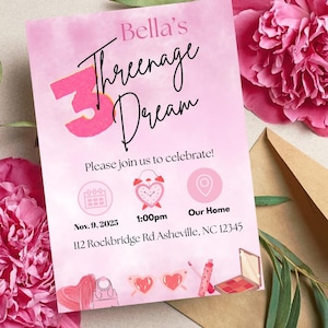 Threenage Dream Party Invite, Threenager Party Theme, Third Birthday Party Invitation, Girly Invitation, Editable Download Invite