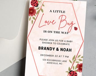 Love Bug Baby Shower Invite, Digital Editable Invitation, Summer Baby Shower, Floral, Vintage, Ladybug, Greenery