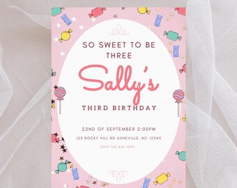 Sweet to be Three Invite | 3rd Birthday Girls Invitation | Girly Third Birthday | Candy Sweets Sugar Theme | Digital Editable Printable