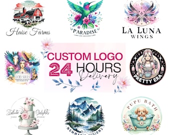 May include: A collage of ten different logo designs, each featuring a unique watercolor illustration. The logos include a farm scene, a hummingbird with flowers, a butterfly, a woman with a cat and dog, a cake, a mountain landscape, a dog in a bathtub, and a woman making a potion. The text "CUSTOM LOGO 24 HOURS Delivery" is featured in the center of the collage.