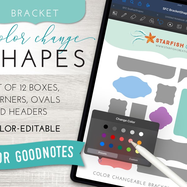 Color Change Shapes for Goodnotes - bracket boxes, corners, headers, banners  - digital stickers - editable to any color - instant download