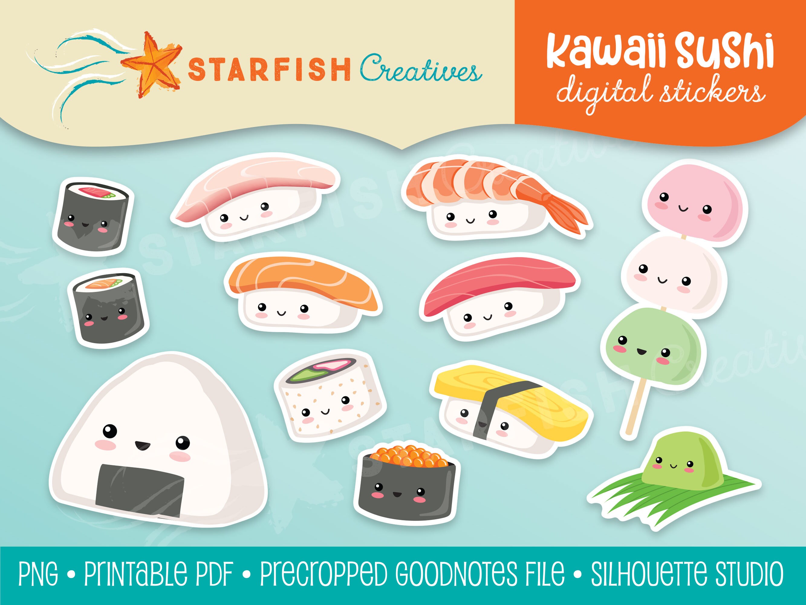 Digital Kawaii Sushi Stickers - Png, Pdf, Goodnotes, Silhouette, Jpg ...