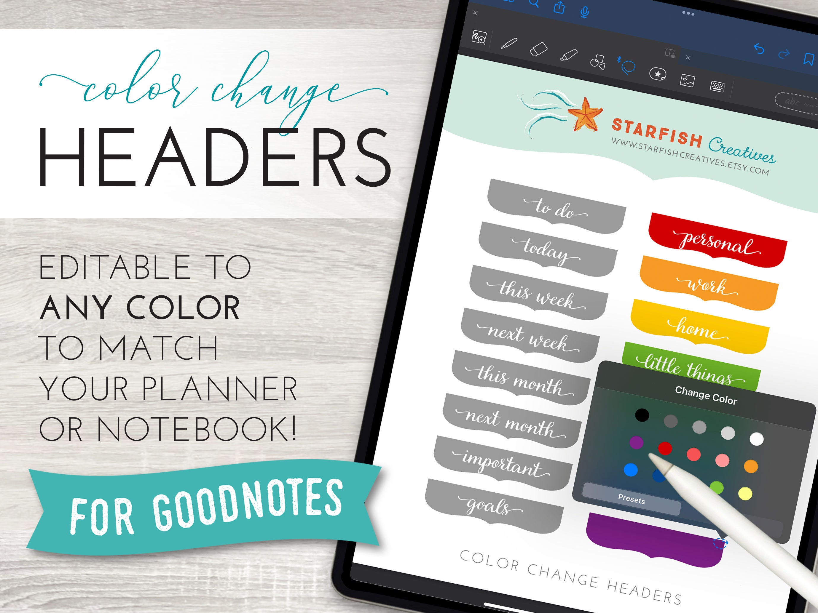 Color Change Headers for Goodnotes - Digital Planner Headers - Change ...