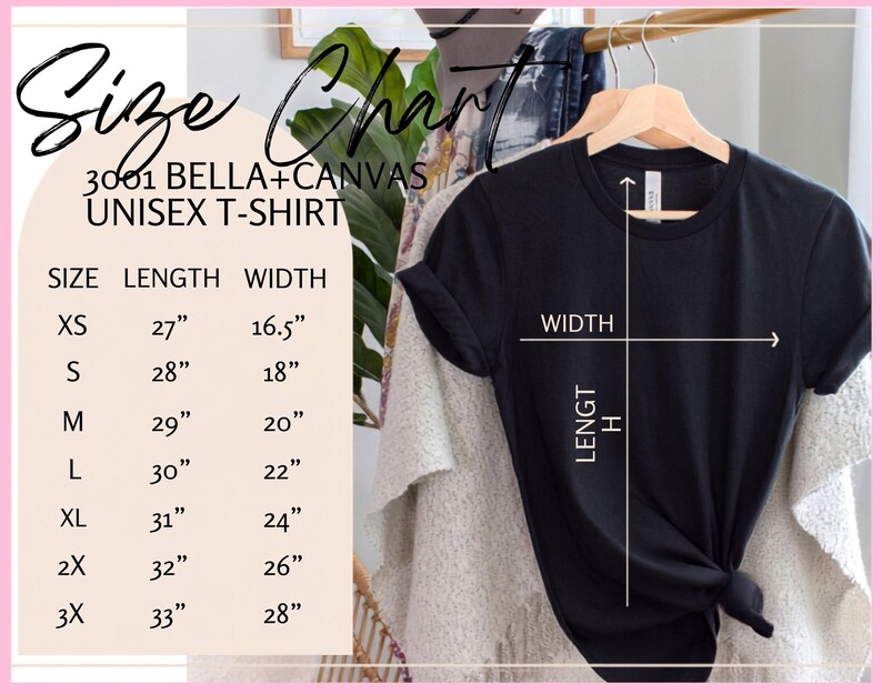 May include: A black Bella+Canvas 3001 unisex t-shirt hanging on a wooden hanger. A size chart is displayed on the left, listing lengths from 27 to 33 inches and widths from 16.5 to 28 inches for sizes XS through 3X, with white lines indicating measurements.