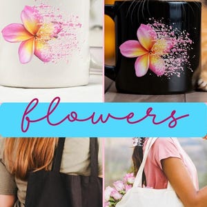 May include: A collection of black and white t-shirts, ceramic mugs, and canvas tote bags featuring a plumeria flower graphic that transitions into a spray of small dots. The text "GIFT HER flowers THAT LAST" is displayed in blue and pink.