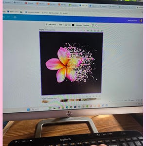 May include: A computer monitor displaying a digital graphic design software interface. The screen shows a vibrant plumeria flower on a black background, with the right side of the flower petals appearing to dissolve into small, colorful particles.