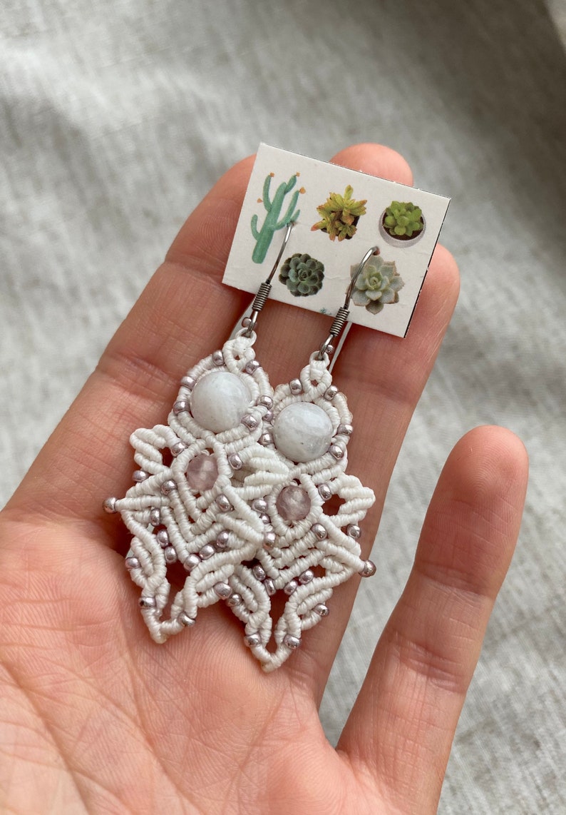 white angels macrame earrings for her rose quartz and moonstone boho chic wedding