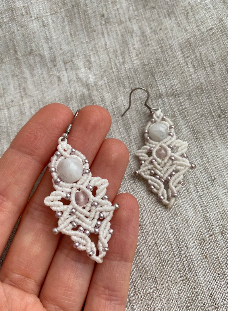 white angels macrame earrings for her rose quartz and moonstone boho chic wedding