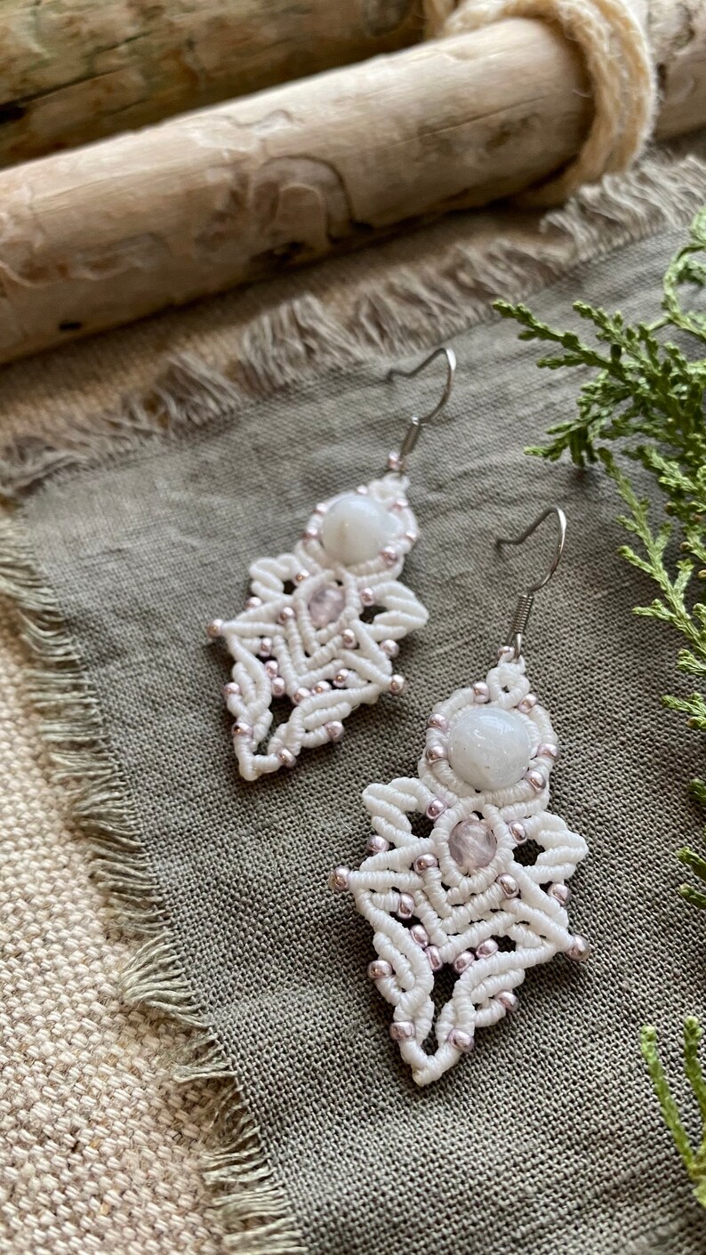 white angels macrame earrings for her rose quartz and moonstone boho chic wedding