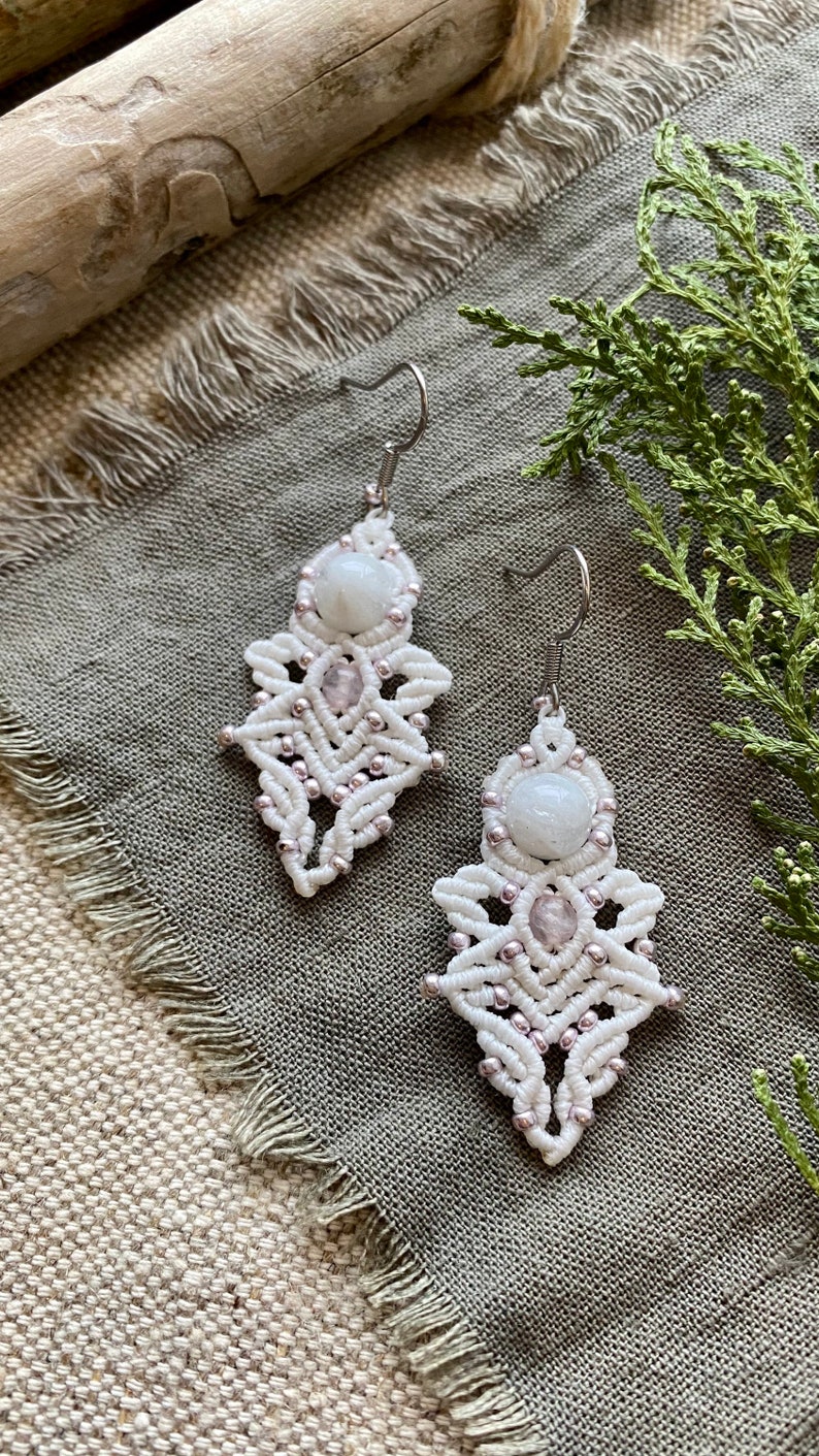 white angels macrame earrings for her rose quartz and moonstone boho chic wedding