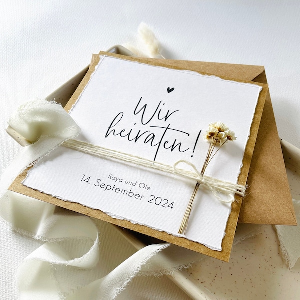 Einladung Hochzeit / Hochzeitseinladung / Kraftpapier / Trockenblumen / modern minimalistisch / quadratisch
