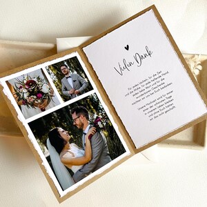 May include: A wedding thank you card with a rustic brown paper texture. The card features a collage of three photos of the wedding couple. The text on the card reads "Vielen Dank" and includes a message of gratitude for the guests' presence and gifts.