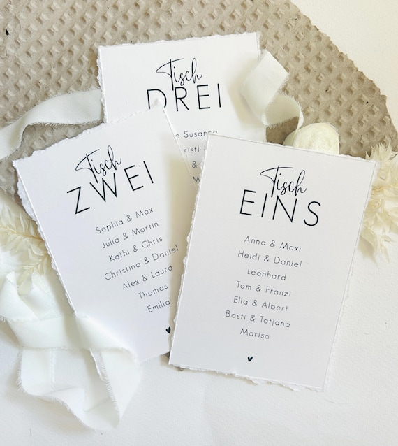 Sitzplankarten Hochzeit / Büttenpapier Tischnummern / Hochzeitsdeko Modern & Minimalistisch / Tischkarten Hochzeit / Sitzplan