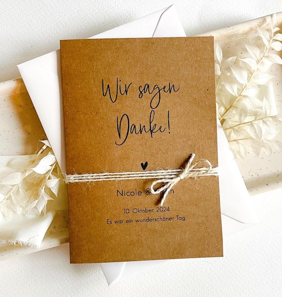 Dankeskarte Hochzeit aus Kraftpapier | Minimalistische Hochzeitskarte mit Foto | Anhänger zur Hochzeit