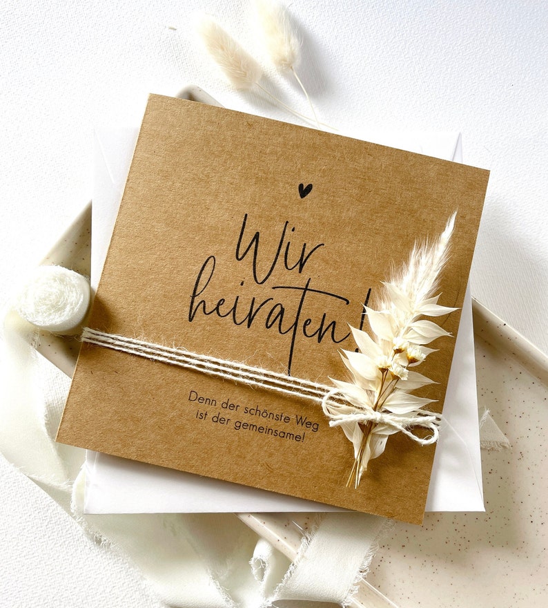 Einladung Hochzeit / Hochzeitseinladung /Kraftpapier / Trockenblumen / modern minimalistisch / quadratisch / Klappkarte Bild 2