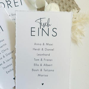 K&ouml;nnte beinhalten: Eine wei&szlig;e rechteckige Karte mit B&uuml;ttenrand, die den schwarzen Aufdruck Tisch EINS sowie eine Namensliste mit Anna & Maxi, Heidi & Daniel, Leonhard, Tom & Franzi, Ella & Albert, Basti & Tatjana und Marisa und ein kleines Herz zeigt.