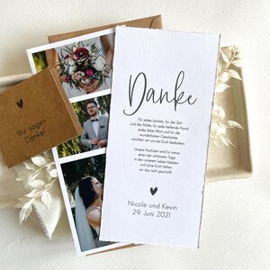 May include: A thank you card with a simple black and white design. The card features the word "Danke" in a cursive font and a message of gratitude for the time, effort, and gifts received. The card is signed "Nicole and Kevin" and the date "29. Juni 2021".