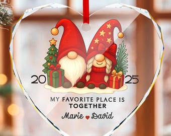 Personalized Glass Heart Ornament: Gnome Couple Christmas Decor Keepsake