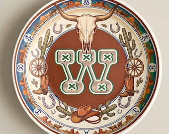 Personalized Western Monogram Plate, Boho Style Ceramics, Rustic Home Decor for Farmhouse
