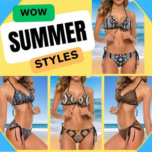 May include: Four women model different styles of bikini tops and bottoms. The tops are triangle shaped with a tie at the neck and a tie at the center of the bust. The bottoms are high-waisted with a tie on each side. The bikinis feature various geometric patterns in black, white, brown, and orange.