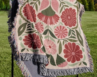 Floral gewebte Decke im Vintage Stil mit botanischer Kunst, gemütlicher Überwurf für Cottagecore Home Decor