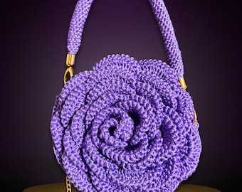 Handmade 3D Purple Rose Crochet Bag: Gold Chain Shoulder Purse
