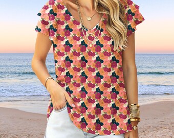 Boho Floral V-Neck Top: UPF50 Beach Blouse