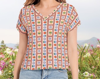 Retro Floral Chiffon Crop Top: Boho V-Neck Blouse