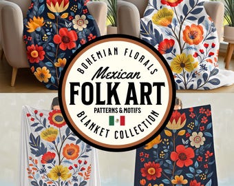 Mexican Folk Art Blanket: Floral Plush Fleece Throw