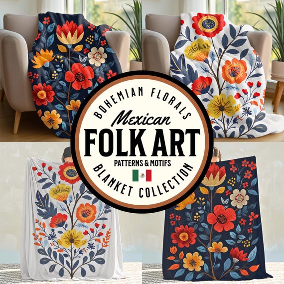 Mexican Folk Art Blanket: Floral Plush Fleece Throw