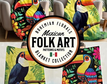 Mexican Folk Art Blanket: Floral Toucan Bird Throw - Boho Decor