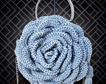 Handmade 3D Yellow Rose Crochet Bag: Silver Chain Shoulder Purse