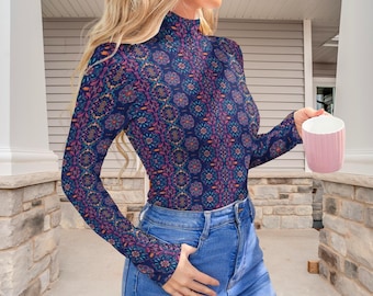 Boho Floral Long Sleeve Bodysuit, High Neck Mandala Pattern Top, Women's Festival Style Bodysuit