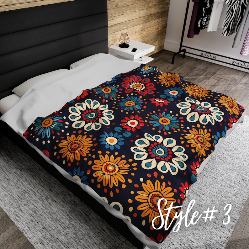 May include: A dark blue duvet cover with a colorful floral pattern. The flowers are in shades of red, orange, yellow, and blue. The text "Style #3" is visible in the bottom right corner of the image.