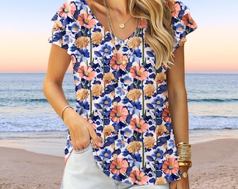 Boho Floral V-Neck Top: UPF 50 UV Beach Shirt