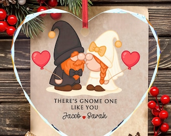 Personalized Glass Heart Ornament: Gnome Couple Valentines Decor, Anniversary Keepsake