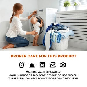 May include: Washing instructions for a product: Machine wash separately, cold water (max 30&deg;C or 90&deg;F), gentle cycle, do not bleach, tumble dry low heat, do not iron, do not dry clean.