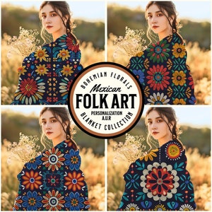 May include: Four women are wearing colorful Mexican folk art blankets with floral patterns. The blankets are dark blue with bright red, yellow, and green flowers. The text "Bohemian Florals Mexican Folk Art Personalization A.U.R Blanket Collection" is on a brown circle in the center of the image.