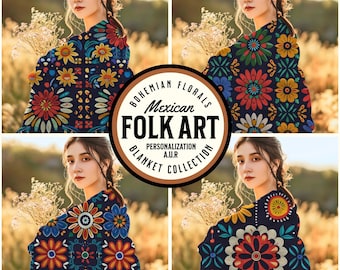 Mexican Folk Art Blanket: Floral Velveteen Plush Throw