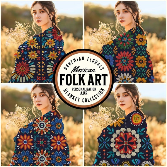 Mexican Folk Art Blanket: Floral Velveteen Plush Throw