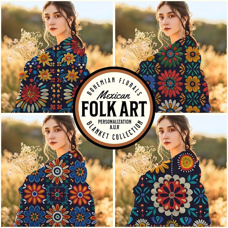 May include: Four women are wearing colorful Mexican folk art blankets with floral patterns. The blankets are dark blue with bright red, yellow, and green flowers. The text "Bohemian Florals Mexican Folk Art Personalization A.U.R Blanket Collection" is on a brown circle in the center of the image.