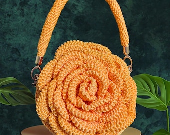 Handmade 3D Yellow Rose Crochet Bag: Silver Chain Shoulder Purse