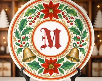 Personalized Christmas Monogram Plate with Holly Bells & Poinsettia – Custom Holiday Ceramic Wall Decor Gift