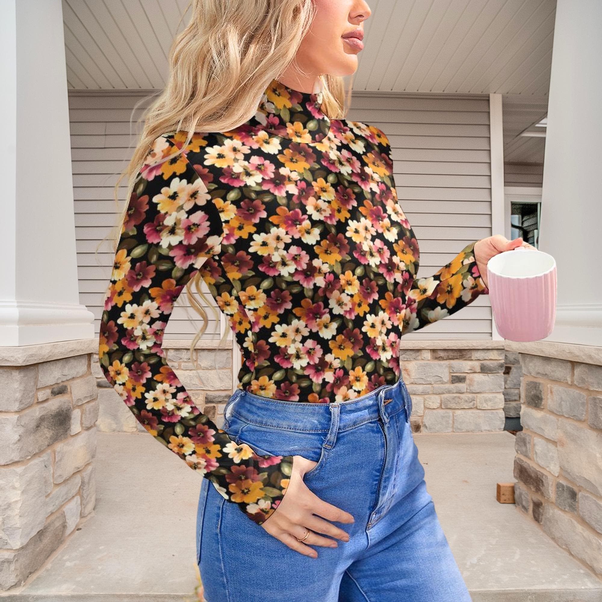 Floral Bodysuit: Vintage-Inspired High Neck Long Sleeve Autumn Outfit
