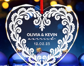 Personalized Wedding Ornament, Glass Heart Keepsake, Custom Engagement Gift