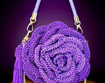 Handmade 3D Purple Rose Crochet Bag: Gold Chain Shoulder Purse