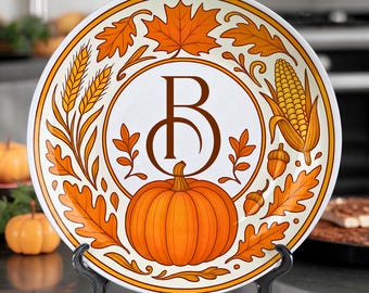 Personalized Thanksgiving Decor, Monogrammed Ceramic Plate with Bracket and Hanging Kit