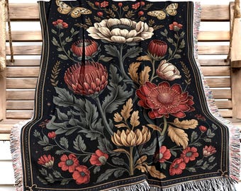 Gewebte Patchworkdecke mit dunklem botanischem Design, Vintage-Stil, Cottagecore-Überwurf, Gothic-Innendekoration