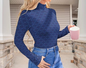 Blue Houndstooth Bodysuit: High Neck Long Sleeve Bodycon Top